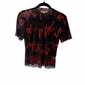 Love J Black Mesh Top Graphic Bold Abstract Script Modern Edgy Avant-Garde Sz M